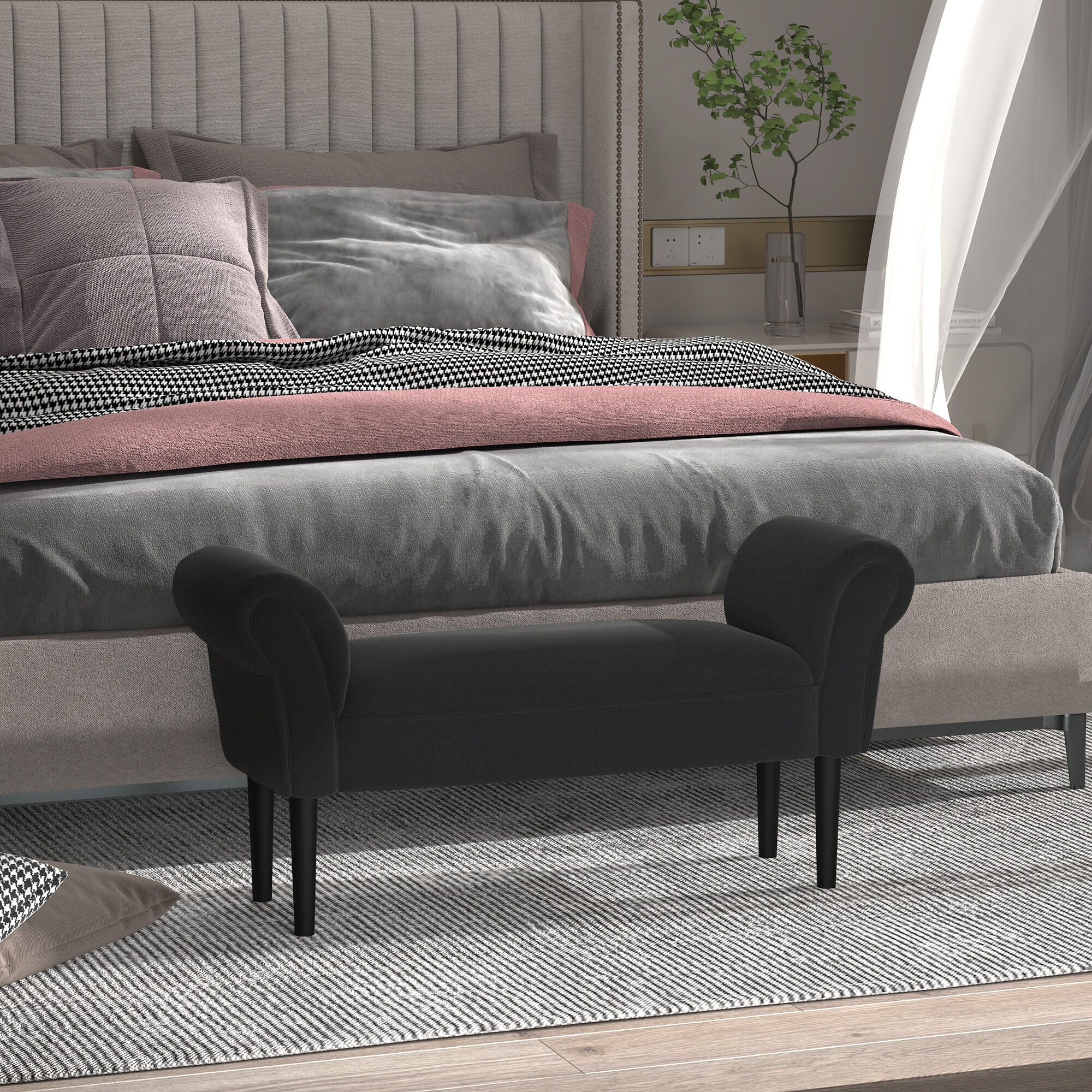 Altro Panca Fondo Letto Imbottita Con Braccioli Arrotolati, 102x35x51cm, Nero