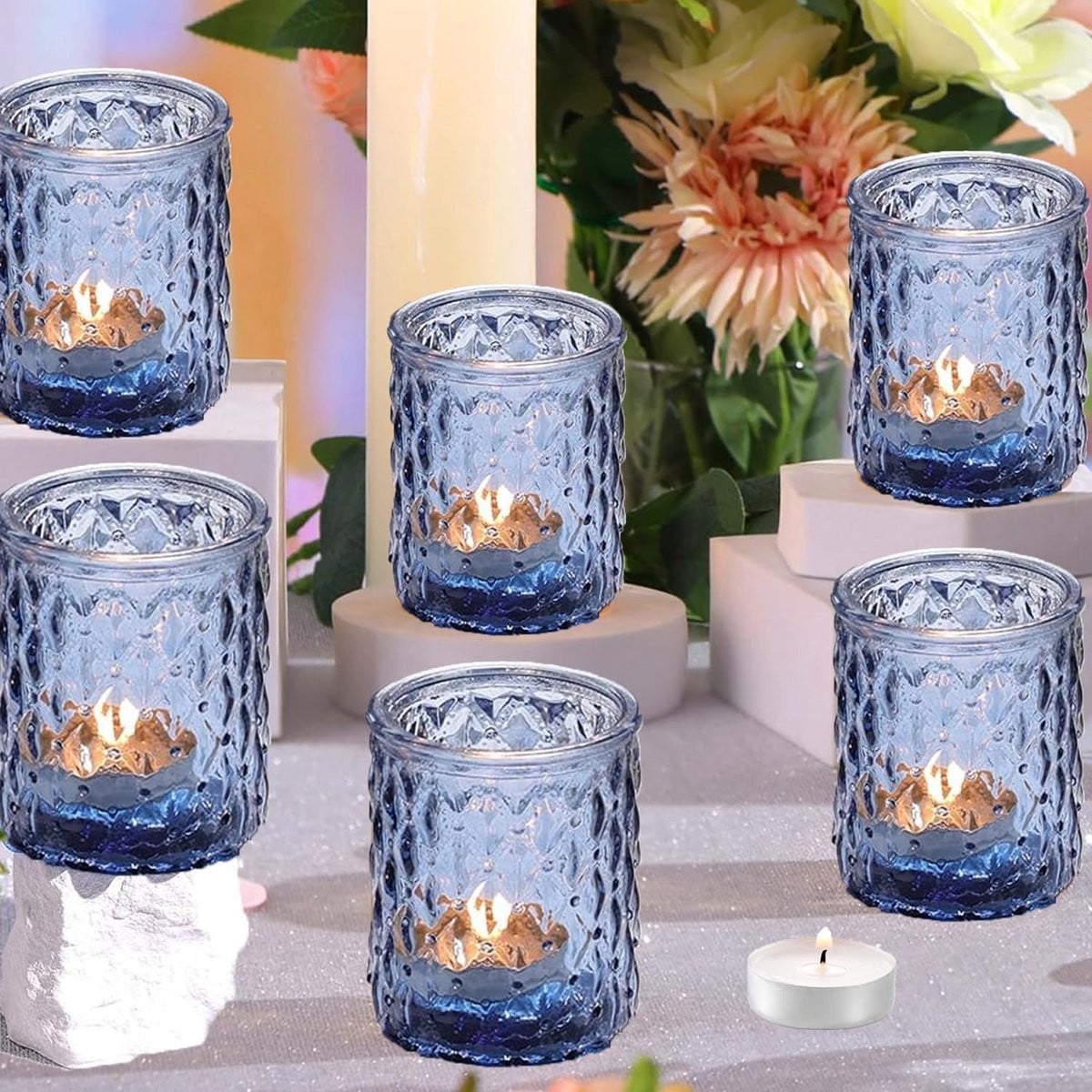Set van 12 blauwe glazen waxinelichthouders voor feest en decoratie