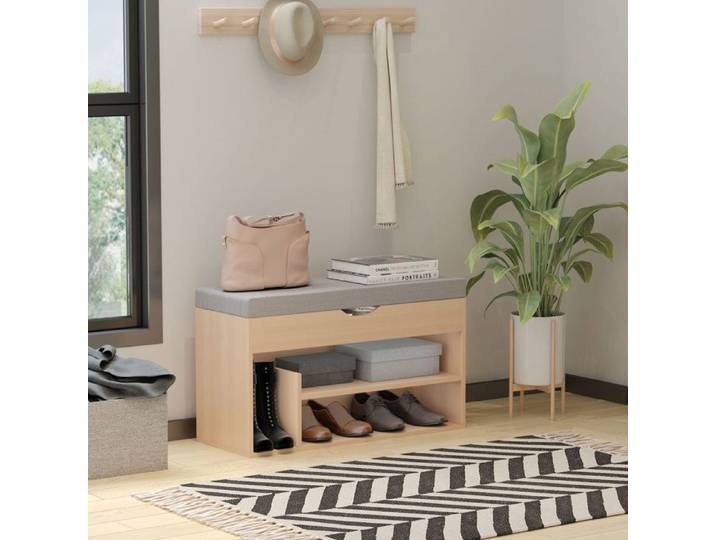 Banc Rangement Chaussures 2 Niveaux Coffre et Coussin Beige Gris