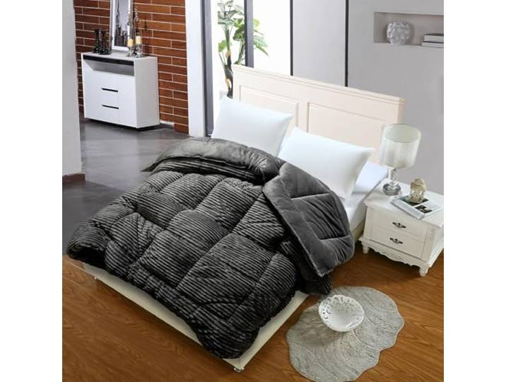SAMPUR - Couette Coton Club Reversible : Velours cotelé et Tissu Soyeux Chaleur et Douceur Idéale en Plaid (Gris\, 140x200 cm)