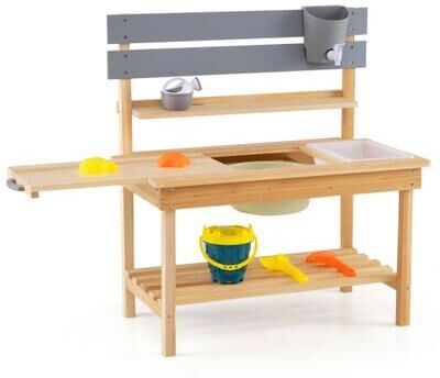 Costway Outdoor Kids Mud Kitchen with Extended Tabletop and Water Tank-Natural