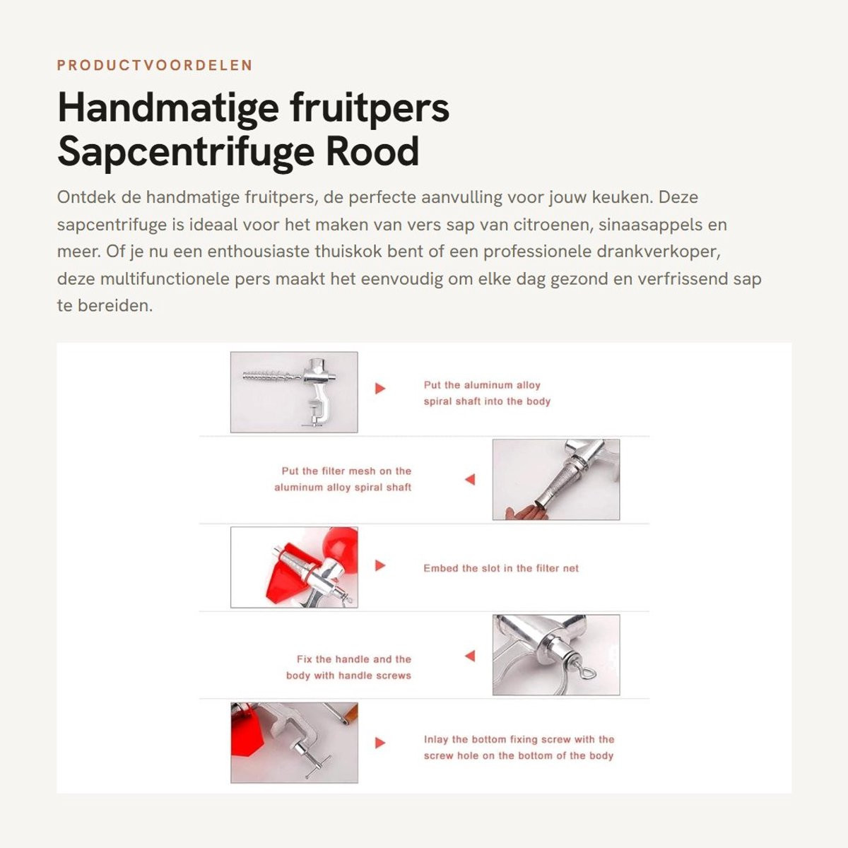 Dailygoods Handmatige fruitpers en sapcentrifuge voor citrusvruchten - Rood - Roestvrij staal
