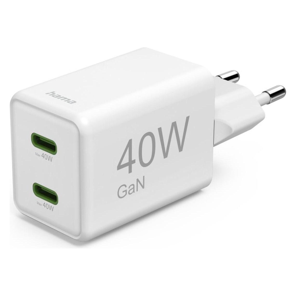 Hama Schnellladegerät, GaN, 2x USB-C, Super-Mini-Ladegerät, PD, 40 W, Weiss (40 W, 2 Ports) (00201989)