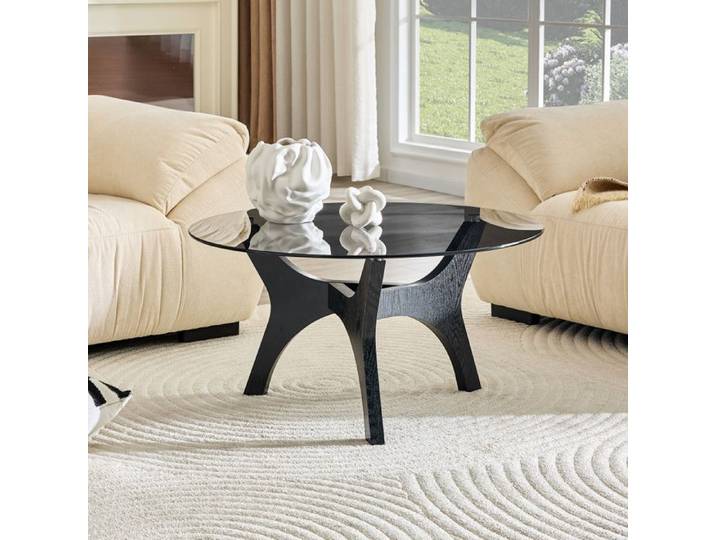 Luscriate - Table basse ronde 80x80x42 2 cm style moderne pour le salon - Verre et bois Noir