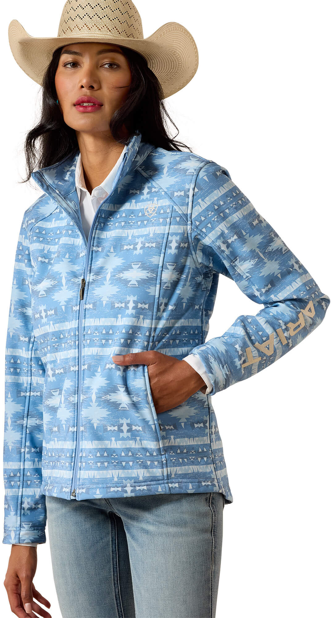 Women's Logo Softshell Jacket in Ashleigh Blue Southwest Geo, Size: 3X by Ariat