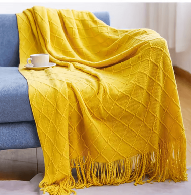 Inspire Curations Mustard Yellow Geometric Knitted Throw Blanket With Fringe diamond Yellow 150x230cm