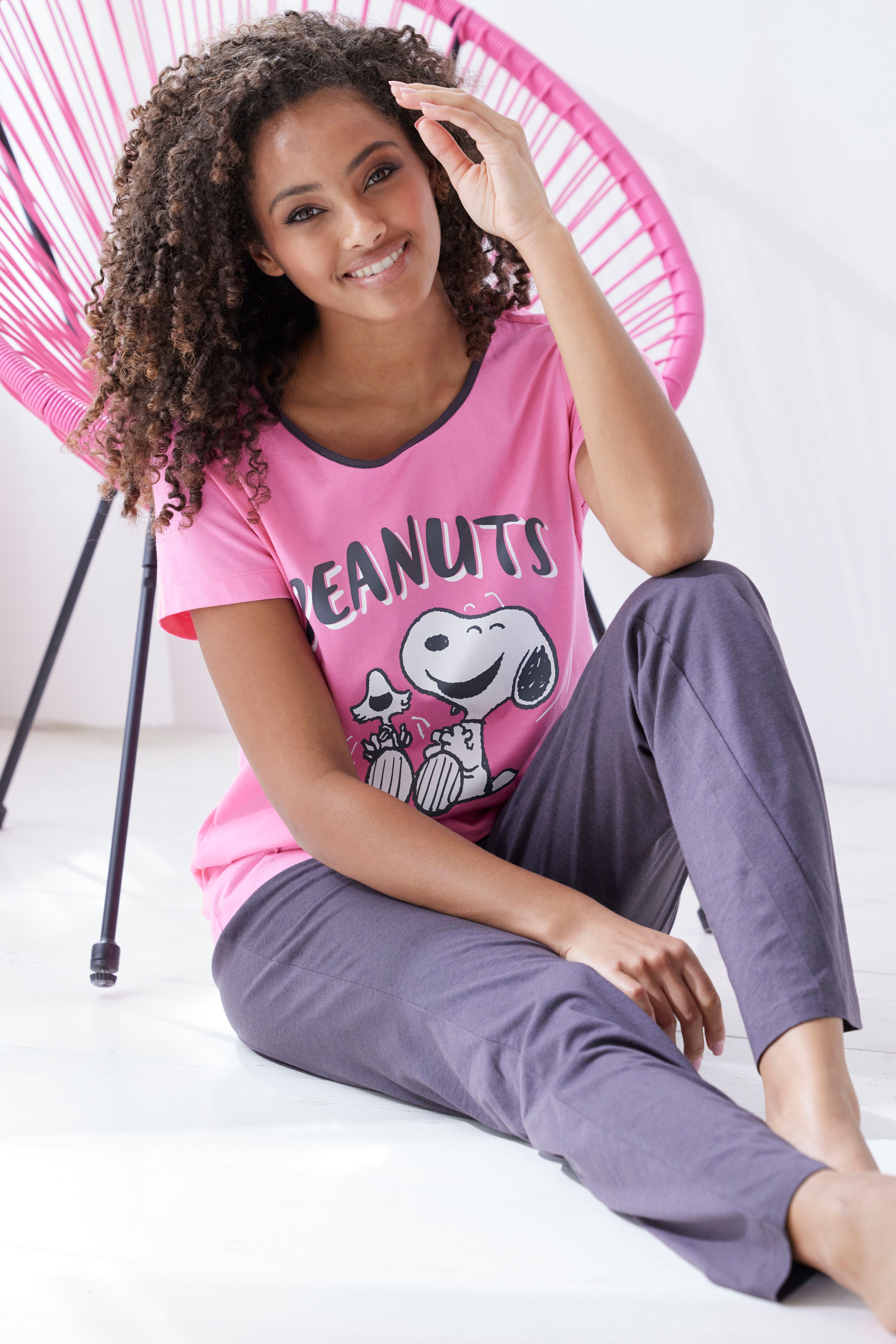 Pyjama PEANUTS, Damen, Gr. 36/38, pink (pink, schwarz), Single Jersey, Obermaterial: 100% Baumwolle, Basic lang, Rundhals, eingesetzt, Homewear-Sets Pyjama, mit Snoopy Druck pink, schwarz 36/38