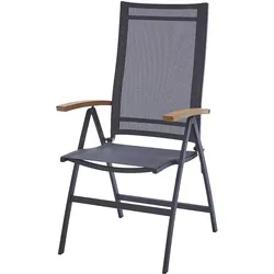 Diamond Garden Hochlehner VALENCIA, Edelstahl Dunkelgrau / Sunproof Sling Schwarz/Silber / Teak-Armlehnen