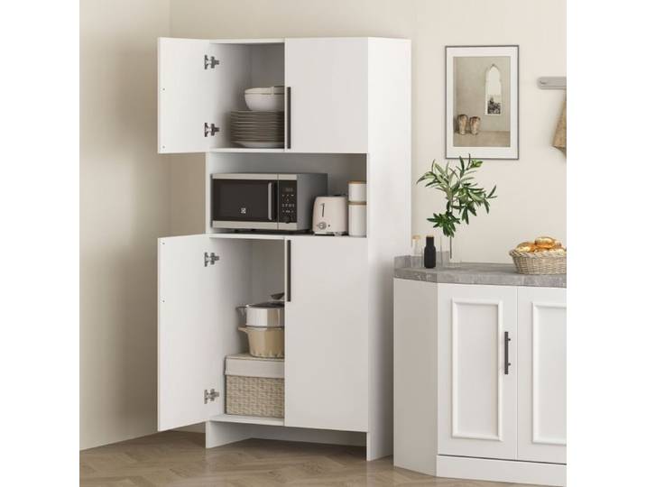 Armoire de cuisine blanche avec rangements et niche pour micro-ondes
