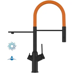 4 Wege Wasserhahn Küchenarmatur, BOD, mit 360° schwenkbarem Auslauf, abnehmbare 2 strahl Handbrause, Schwarz Matt / Orange