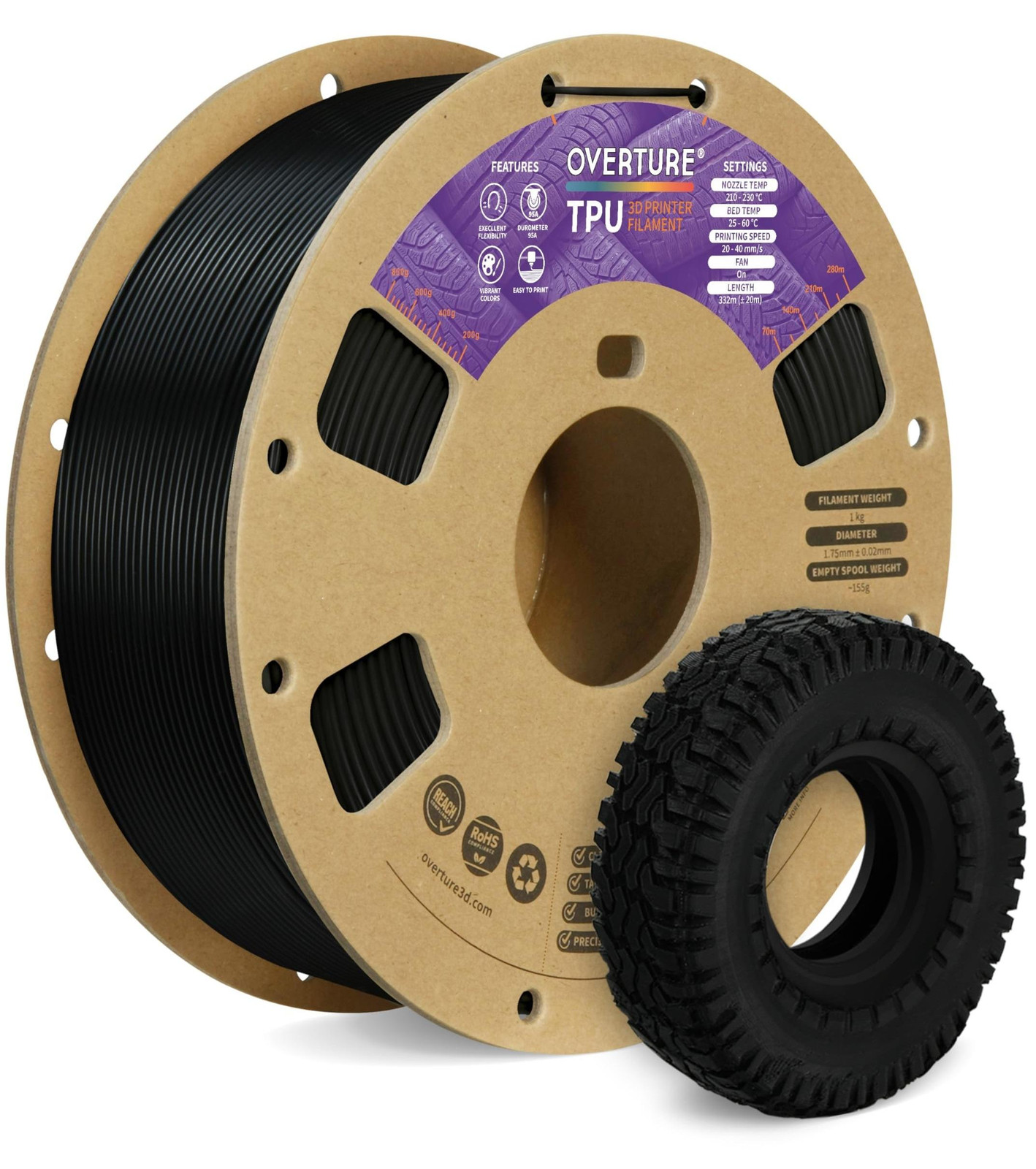 Merkloos TPU Filament 1.75mm Flexibel 3D Printer Filament, 1kg, Zwart
