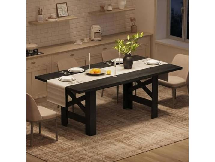 GarveeMore 1,8m Landhaus-Esstisch Für 6-8 Personen, Schwarz Authentischer Landhaus-Look, extrem stabiles X-Gestell bis 180 kg Belastbarkeit, schmutz- und wasserabweisende Platte