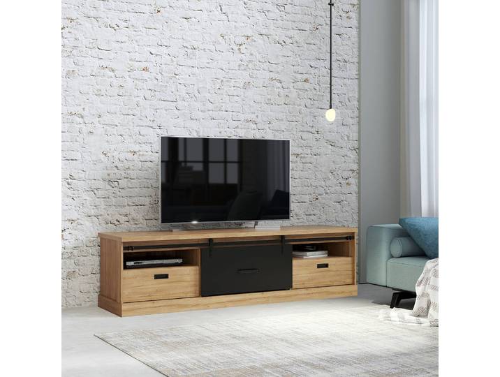 Meuble TV I Panneau aggloméré plaxé Marron/Noir 203 x 56 x 52cm
