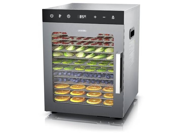 Arendo - Dörrautomat Edelstahl mit 12 Edelstahlgitter - 800 W - 30°- 90°C - 12 Edelstahl Einlegetabletts mit insgesamt 10.000 cm² - Dörrgerät Dehydrator Obsttrockner Dörrapparat - Obst Fleisch Pilze