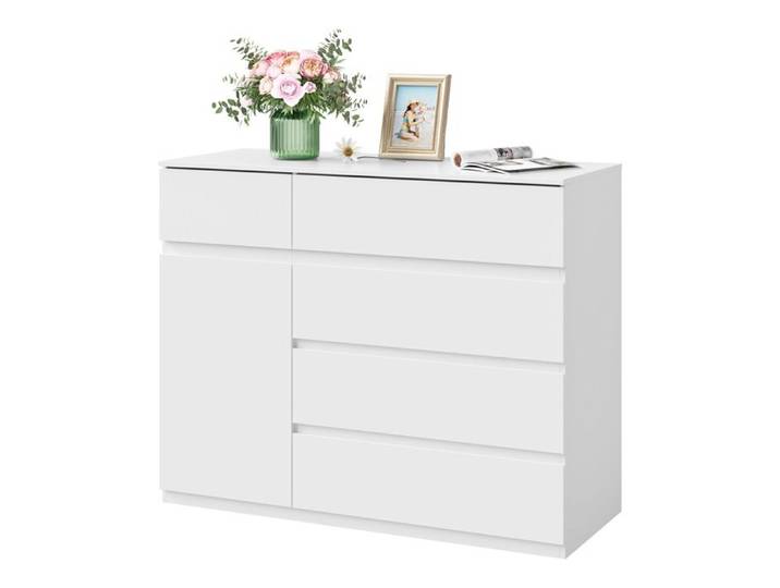 Commode Chambre WOLTU - 5 Tiroirs et 1 Placard - 100x40x80cm - Étagère Réglable - Blanc