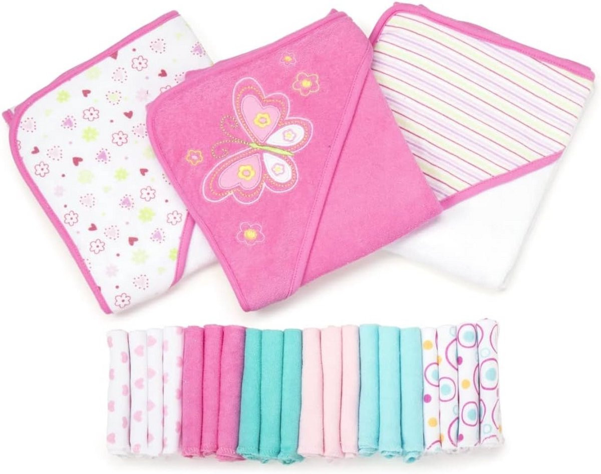 23-delige baby badset met handdoeken en washandjes - Roze vlinder