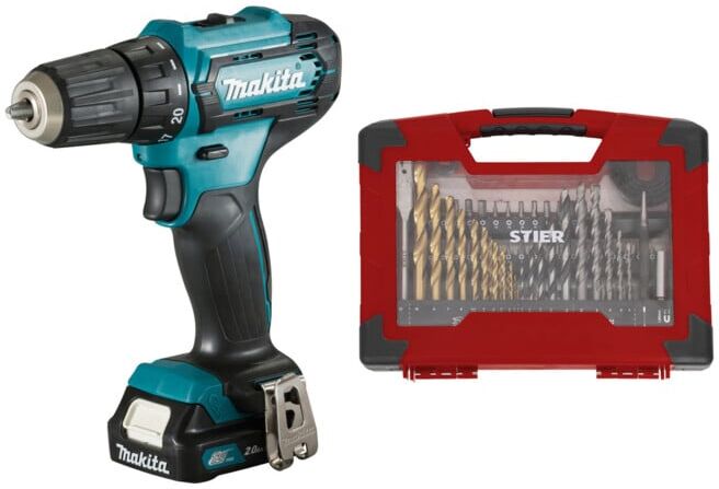 Set Makita Akku-Bohrschrauber DF333DSAE + STIER TiN-Bohrer-, Säge- und Bit-Set 100-teilig