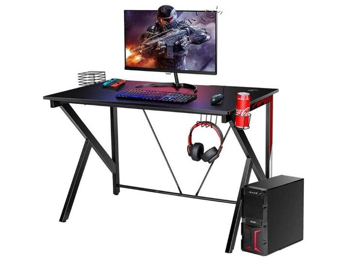 GOPLUS Bureau Gaming 115x73x76 5CM Table en Bois pour Gaming avec Crochet pour Casque Porte-Gobelet Support CD en Forme de K