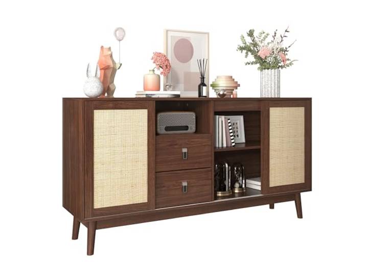 Ropilly Sideboard mit 3 Schiebetüren echtes Rattan 155 cm 3 Schiebetüren 2 Schubladen und luftiges Rattan für ordentliche Aufbewahrung im Wohnbereich.