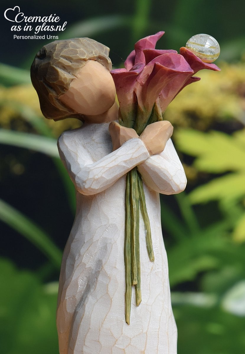 Urn gedenkbeeldje Bloom met bloemen en glazen mini-urn van Murano-glas
