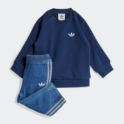 Trainingsanzug ADIDAS ORIGINALS "DENIM KIDS SET", Mädchen, Gr. 62, blau (medium blau denim, night indigo), Obermaterial: 70% Baumwolle, 30% Polyester. Obermaterial Hose: 100% Baumwolle, Sportanzüge Trainingsanzug