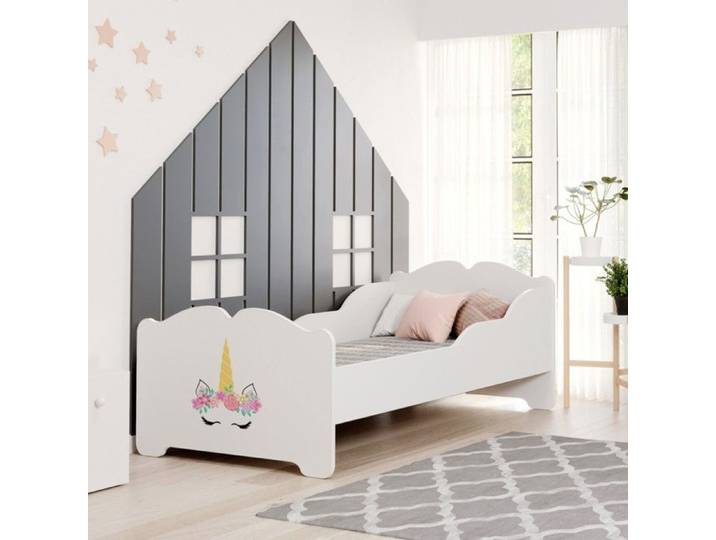 Lit enfant ANNA 160x80 blanc avec sommier matelas avec motif licorne