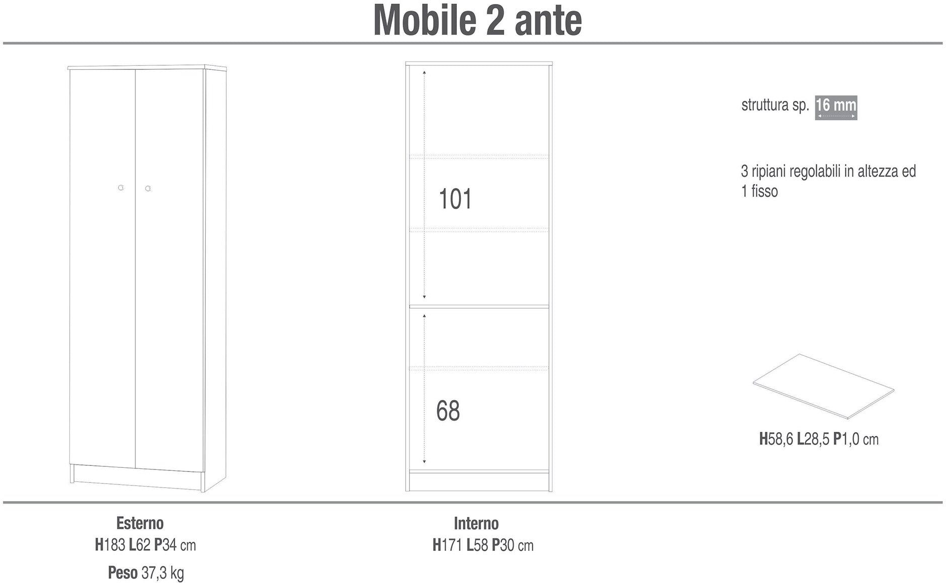 giordanoshop Mobile 2 Ante 62x182x34 cm Bianco Lisco...