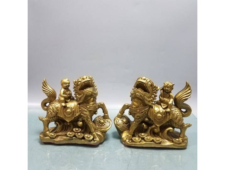 Paire de qilin en cuivre à collectionner chinois, ornement pour attirer la richesse, envoi de bénédiction, Bagua qilin, décoration de bon augure pour le bureau et la maison