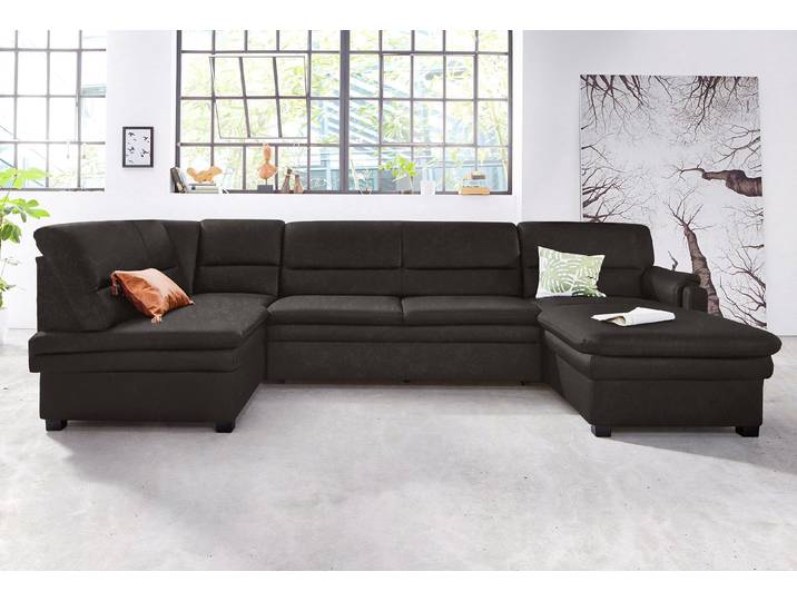 Wohnlandschaft, Luxus-Microfaser, Schwarz, 319×168 cm, Mit Bettfunktion & Ottomanen, Modern, SIT & MORE