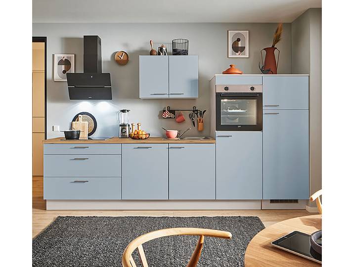Autarke Küchenzeile Kühlumbau A 310cm Ausrichtung rechts Blau/Pastellblau