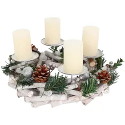 Mendler Adventskranz HWC-M12, Adventsgesteck Tischkranz Weihnachtsdeko Tischdeko Holz silber weiß Ø 30cm ~ mit Kerzen