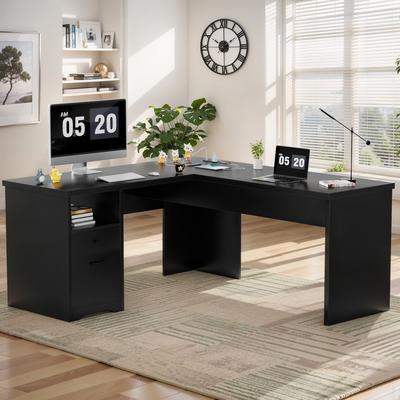 Rackcog Lift Top L-Shaped Desk with Charge Station, Corner Standing Desk with File Drawers for Home Office