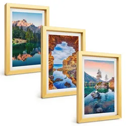 BILDER SET 3er Set - 20x30 cm Goldrahmen - Spiegelungen der Felsen in Bergseen