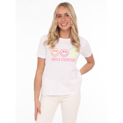 T-Shirt ZWILLINGSHERZ "Smile everyday", Damen, Gr. SM (S/M), weiß, Single Jersey, Obermaterial: 92% Baumwolle, 8% Elasthan, unifarben mit Farbeinsatz, comfort fit hüftlang, Rundhals, Shirts T-Shirt, Rundhalsausschnitt, Kurzarm, Smile, Stickerei,...