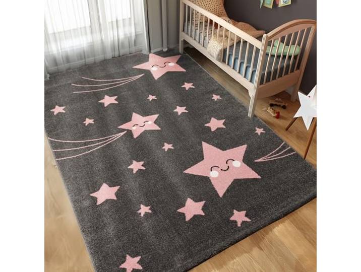 Carpettex Kinderteppich 200x290 cm Rosa Sterne Weich Waschbar
