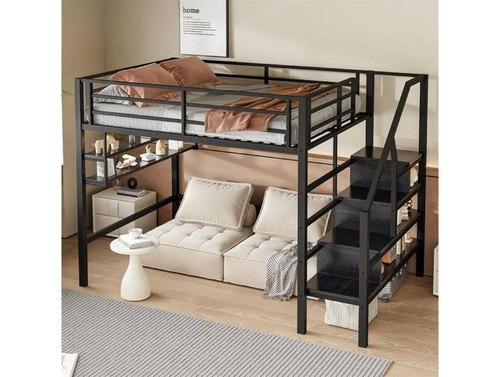 Lit Mezzanine 140x200 pour Enfant Adulte Lit Mezzanine 2 Places avec Escalier de Rangement Lit Hauteur étagère Barreaux Noir