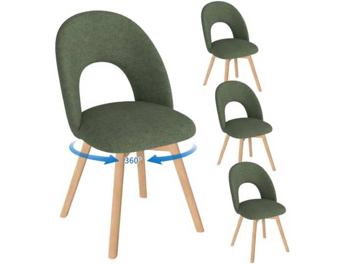 WAFTING Esszimmerstühle drehbar Polster Holzbeine 4er Set，Grün 360° drehbar, dicker Leinenstoff mit luftdurchlässiger durchbrochener Rückenlehne, geeignet für Esszimmer, Küche, Wohnzimmer