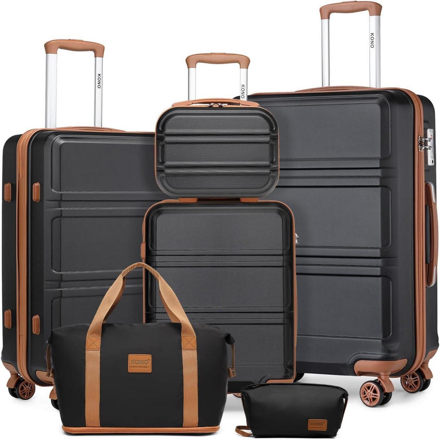 6-teiliges Kofferset mit Beautycase und Kulturbeutel, Hartschale ABS, TSA-Schloss, Spinner-Räder, Schwarz/Braun