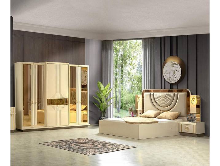 JVmoebel Schlafzimmer-Set Luxus Schlafzimmer-Set mit Polsterbett, Goldakzenten & Kleiderschrank, (4-tlg)