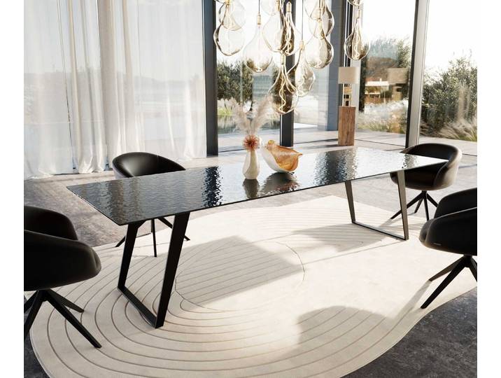 Esstisch Edge 300x100 Reliefglas Rauchschwarz 3D-Design Metall Schräg Schwarz, Esstische