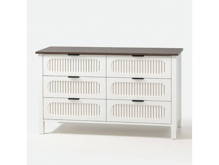 Commode 6 tiroirs blanc rainuré et bois 120cm