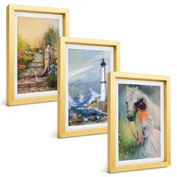 BILDER SET 3er Set - 20x30 cm Goldrahmen - Landschaft Leuchtturm Pferd Mädchen