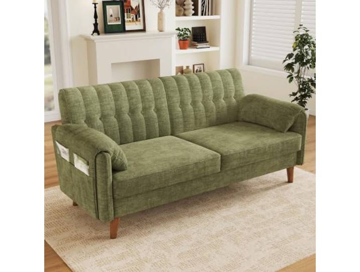 BTM 2er Sofa mit Dickem Sitzpolster und Seitentaschen für Wohnzimmer, Kleine Wohnung Leicht zu Montieren Grün