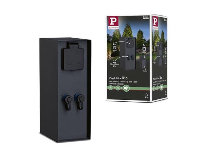 Paulmann 94700 Plug&Shine buitenlamp toebehoren contactdooszuil Rio IP44 antraciet tuinverlichtingssysteem aansluitingen 2x 230 V 2x Plug&Shine 24 V