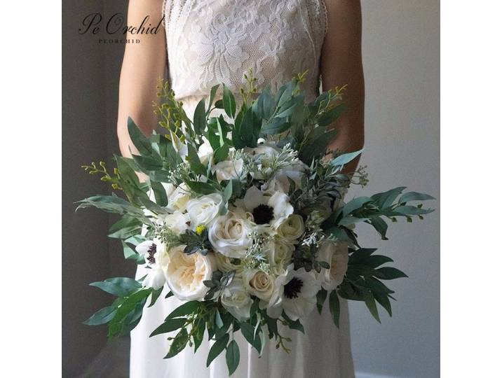 PEORCHID-Bouquet de Patients Blancs, Anémone Verte, Eucalyptus Ivoire Artificiel, Boho, Fleurs de Plage, Décor de Mariage