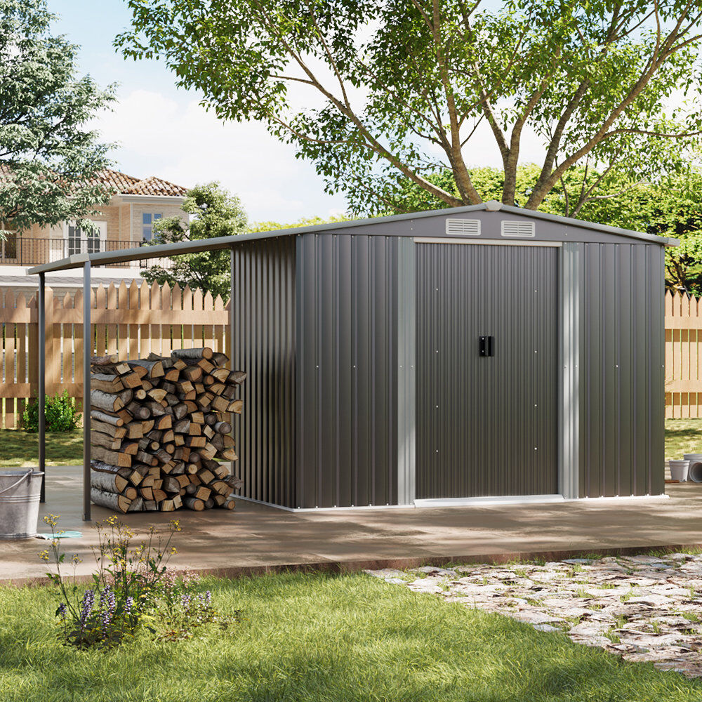 Dakota Fields Barnouski 12ft W x 4ft D Apex Metal Tool Shed with Lean-to Grey;White 358cm W X 124cm D X 178cm H