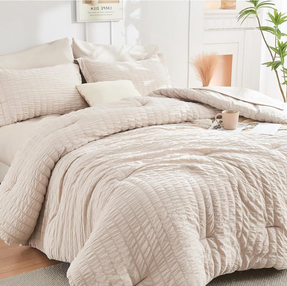 5-delige beige dekbedset met seersucker textuur voor volwassenen