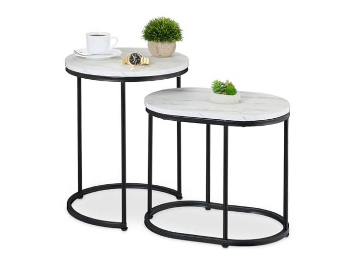 Relaxdays Satztisch, 2er Set, Beistelltisch rund & oval, Marmoroptik, Metallbeine, Wohnzimmer, Couchtisch, Farbwahl