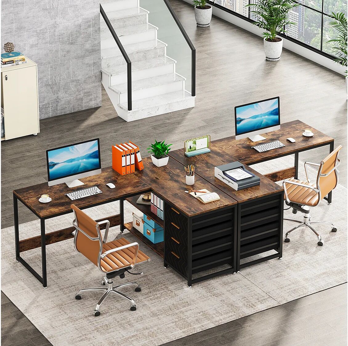 Tribesigns L-vormig hoekbureau met planken, omkeerbaar L-vormig bureau met monitorstandaard en planken voor thuiskantoor, bruin, 150 * 120 * 75 cm (bruin en zwart)