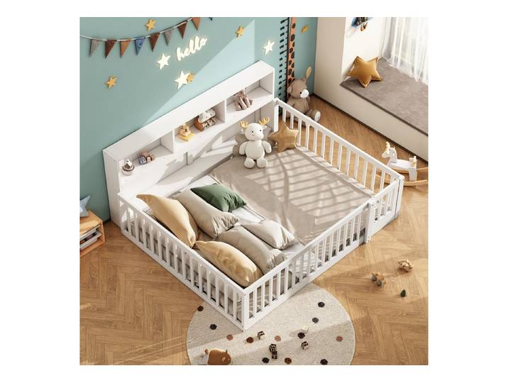 MODFU Kinderbett Daybett mit seitlichen Ablagefächern (Schlafsofa, Jugendbett, mit klappbarem Sicherheitsgeländer, 140x200 cm), Ohne Matratze